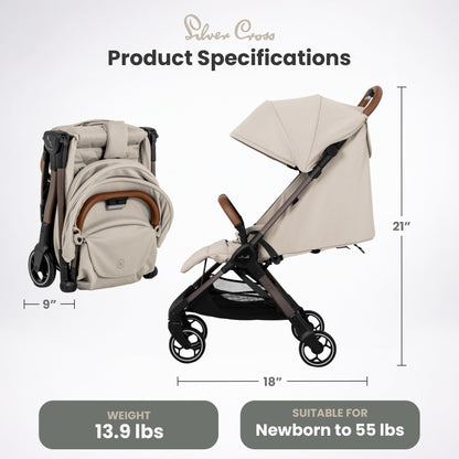 Silver Cross Clic Compact Travel Stroller – (Latte) – Lightweight Baby Stroller for Airplane Travel – One-Hand Fold, Lie-Flat Infant & Toddler Seat – Birth to 55 lb