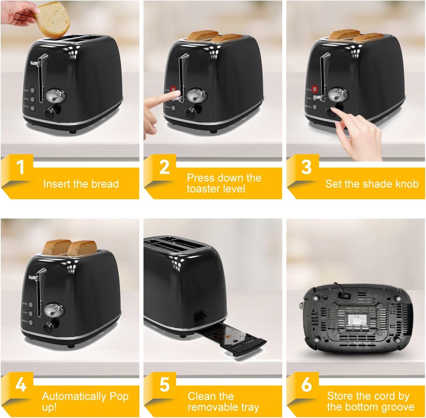 Toaster 2 Slice, Retro Stainless Steel Toaster with 6 Settings, 1.5 In Extra Wide Slots, Removable Crumb Tray, Bagel