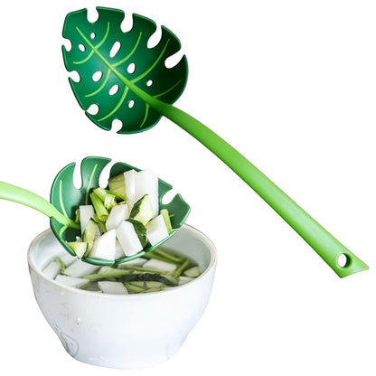 Jungle Spoon Monstera Leaf Soup Skimmer Spoon, Green, PP Material, 11.8x3.7 Inch, Kitchen Strainer with Anti-Slip Base, Long Handle