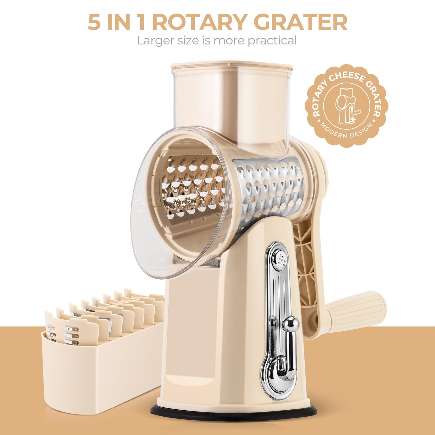 SUSTEAS Rotary Cheese Grater with Handle - Vegetable Shredder with 5 Well-designed Blades & Strong Suction Base,Round Mandoline Slicer & Food Chopper for Kitchen,with Blade Storage Box(Beige)