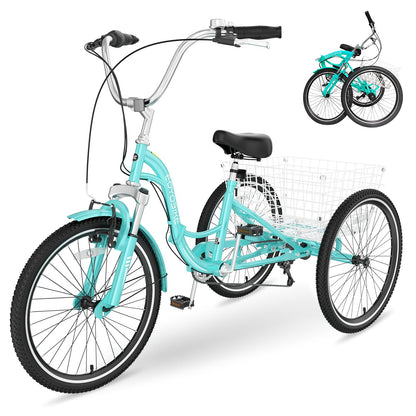 NAIZEA 7-Speed 20/24/26 Inch Adult Tricycle, Folding Steel Trike with Large Basket, Low-Step Through for Women, Men, Seniors