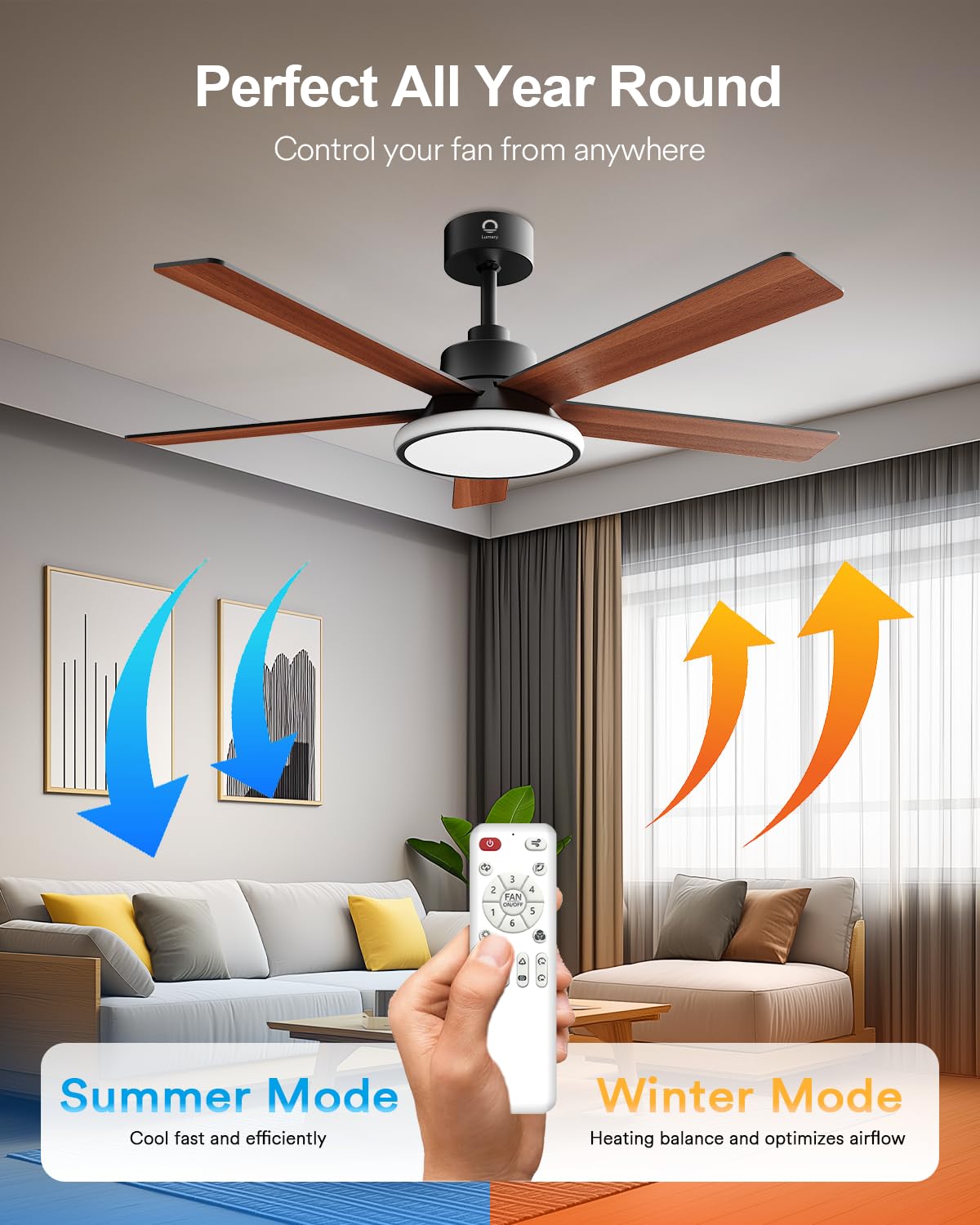 Lumary 52'' Smart Ceiling Fan with RGBAI Lights Remote, WiFi Bluetooth Low Profile Ceiling Fan with Alexa Google App, Dimmable & Color Tuning, 46 Scene, Modern Flush Mount for Bedroom Living Room