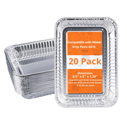 SilvaKoon 20 Pack Grill Drip Pans, Compatible with Weber 6415 Grill Accessories, Genesis, Traveler, Q Series, Disposable Aluminum, Foil Grease Trays 8.5" X 6" (20 Pack)