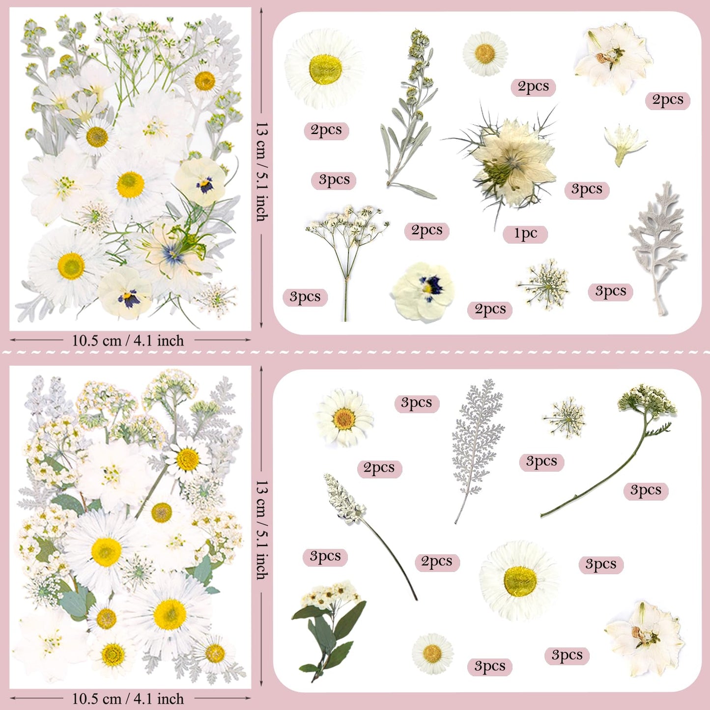 SUAUKEY 95 Pcs White Pressed Dried Flowers for Resin, Real Natural Bulk Dry Wildflowers Leaves Perfect for Epoxy Molds, DIY Crafts, Home Decor, Soap Candles Jewelry Making