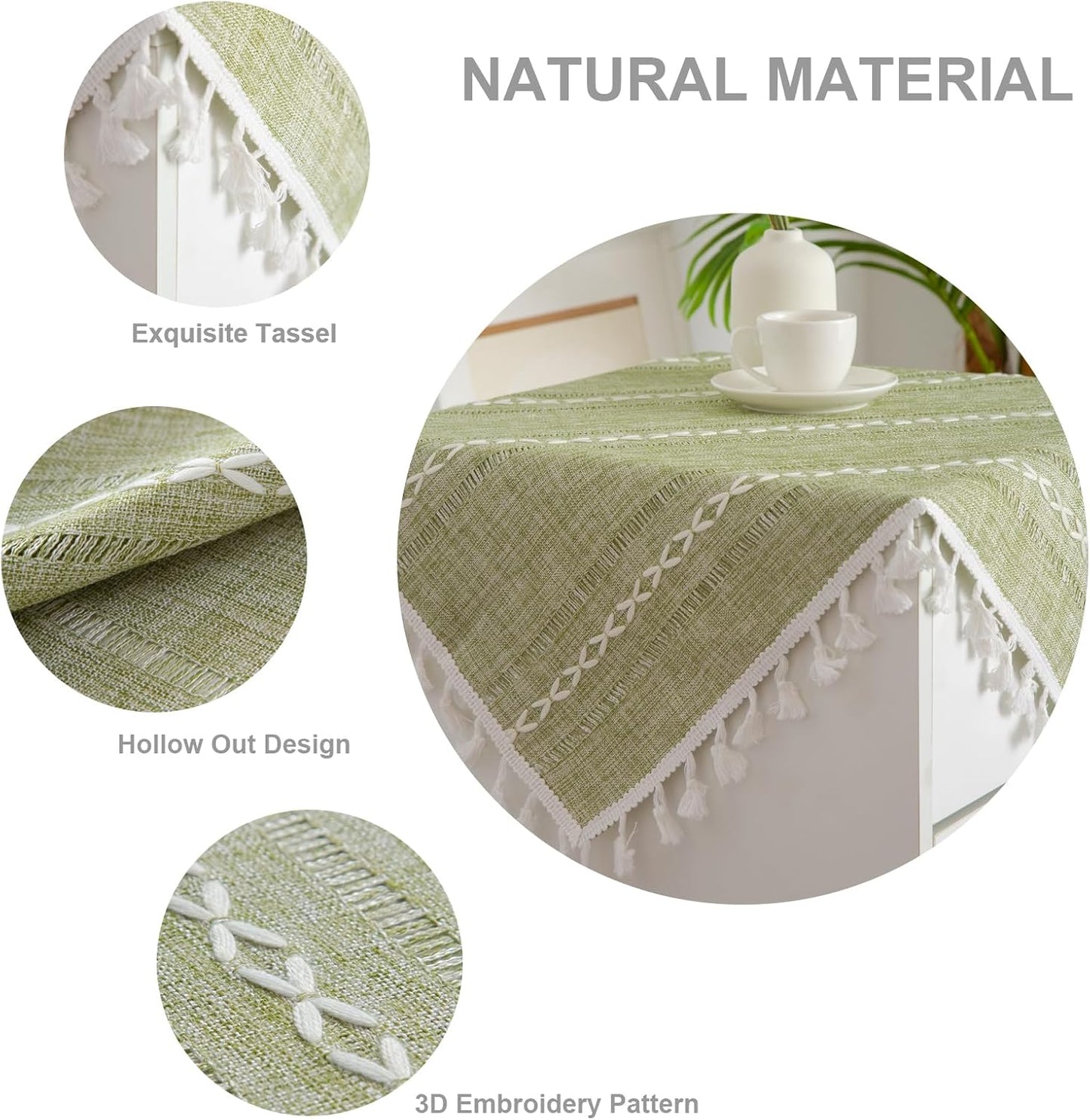 24 24 Inch Rustic Bedside Square Small Tablecloth Striped Embroidered Washable Sage Green Table Cover Farmhouse