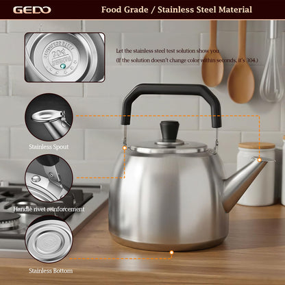 GEDO Stainless Steel Whistling Tea Kettle, 304 Food Grade, Large Capacity, Stovetop Kettle for Gas Stove and Induction Cooktop (4L/4.22QT)