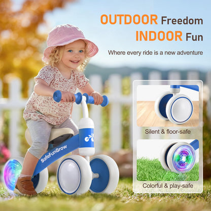 Colorful Lighting Baby Balance Bike Toys for 1 Year Old Boys Gifts, Balance Bike 1 Year Old No Pedal, 12-24 Months Toddler Ride on Toys with 4 Silent Wheels & Soft Seat, 1st Birthday Gifts, Blue