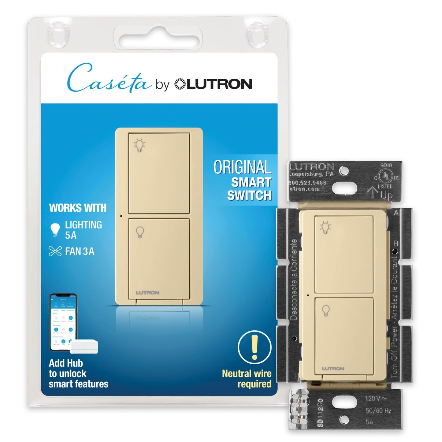Lutron Caseta Original Smart Light Switch (Lutron Smart Hub Required), for Home, LED Lights, and Fans, 6 Amp, Single-Pole/3-Way, Neutral Required, PD-6ANS-WH, White