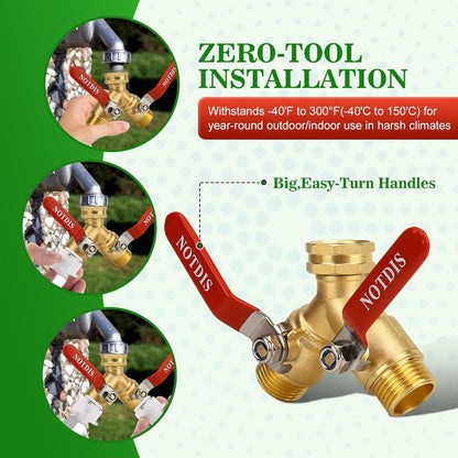 Brass Hose Splitter by [Brand Name] - Heavy Duty 2-Way Connector with 304 Stainless Steel Handle | 3/4 Inch GHT Thread