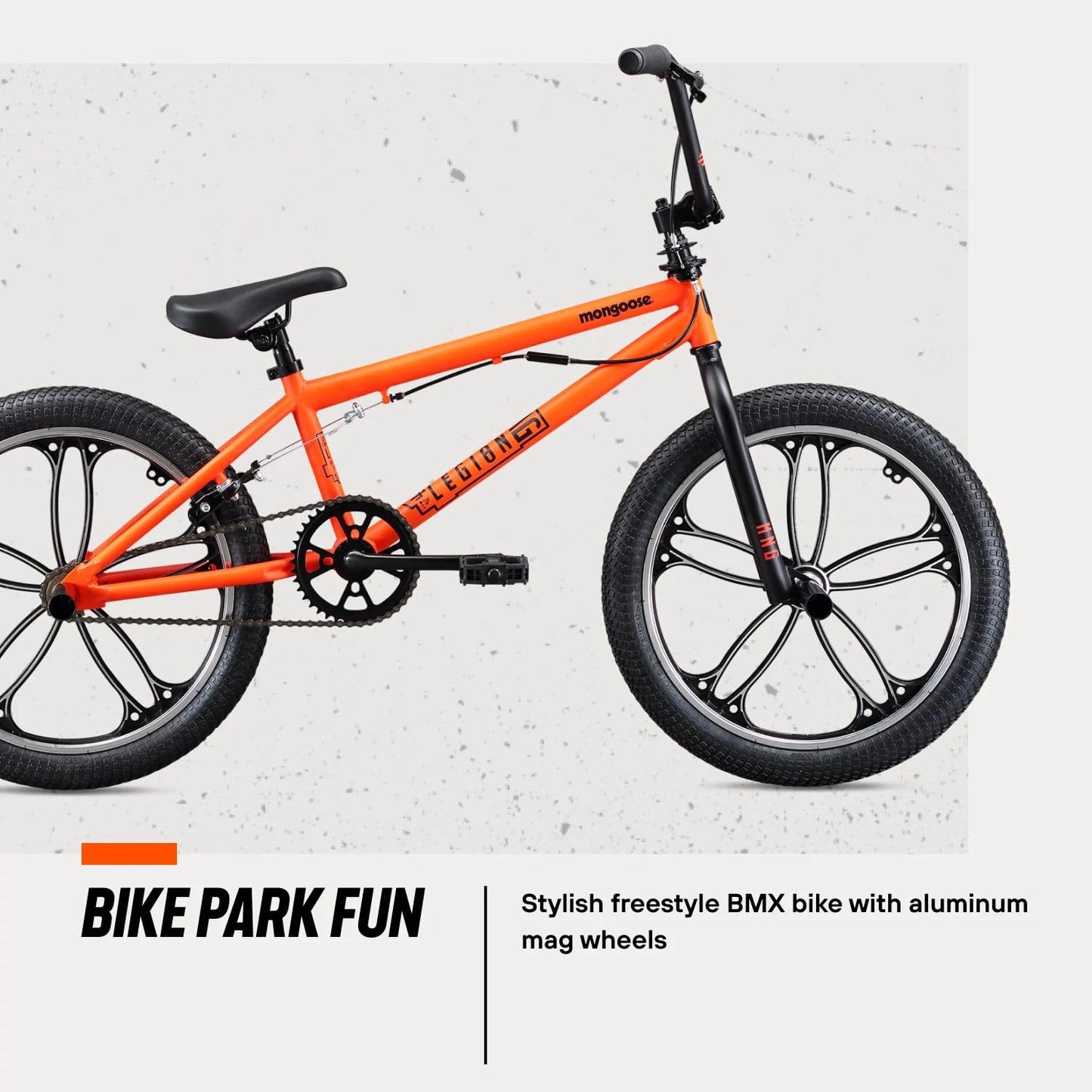 Mongoose Legion Mag Kids Freestyle Sidewalk BMX Bike, Beginner Riders, Girls and Boys, 20-Inch Stylish Aluminum Mag Wheels With 4 Axle Pegs, Hi-Ten Steel Frame, Micro Drive 40x16T BMX Gearing, Orange