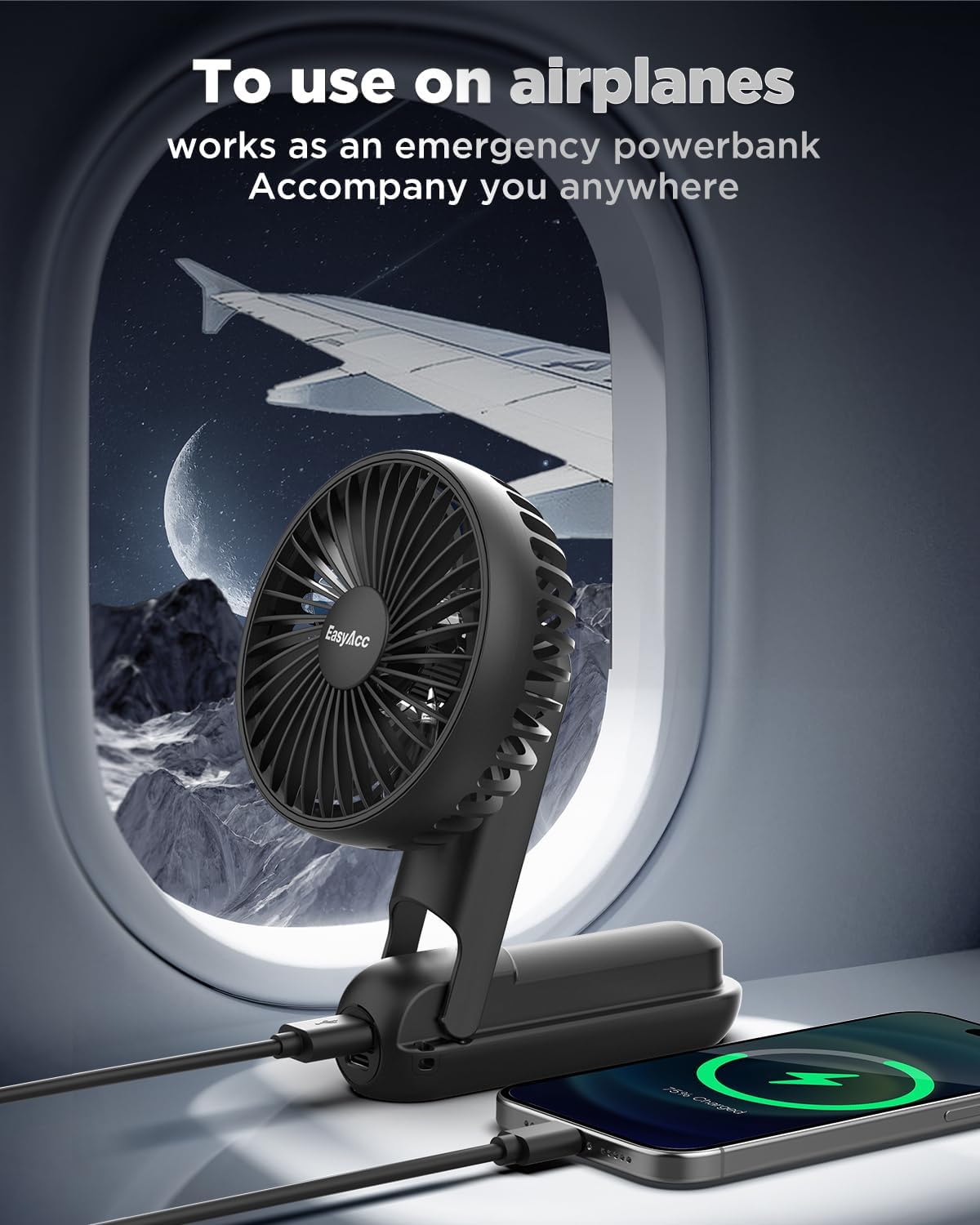 EasyAcc Portable Hand Held Fan, Ultra Quiet 5 Speed Personal Fan, LED Display USB C Rechargeable for Travel