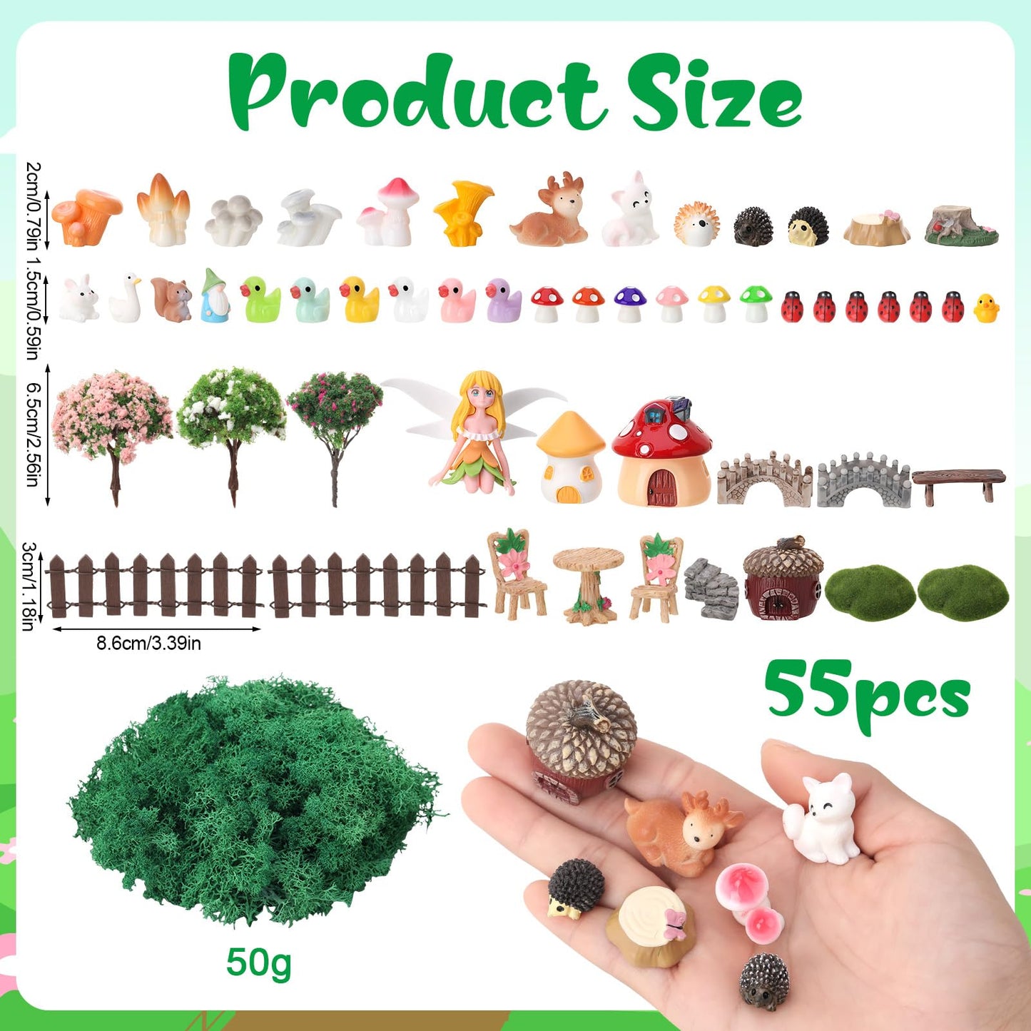 GGSTDDUP 54 Pcs Fairy Garden Accessories, Mini Resin Animals Figures, Miniature Table and Chairs, Bridge, Fence, Fairy House Kit with 50g Artificial Moss for DIY Craft Landscape Bonsai Glass Container
