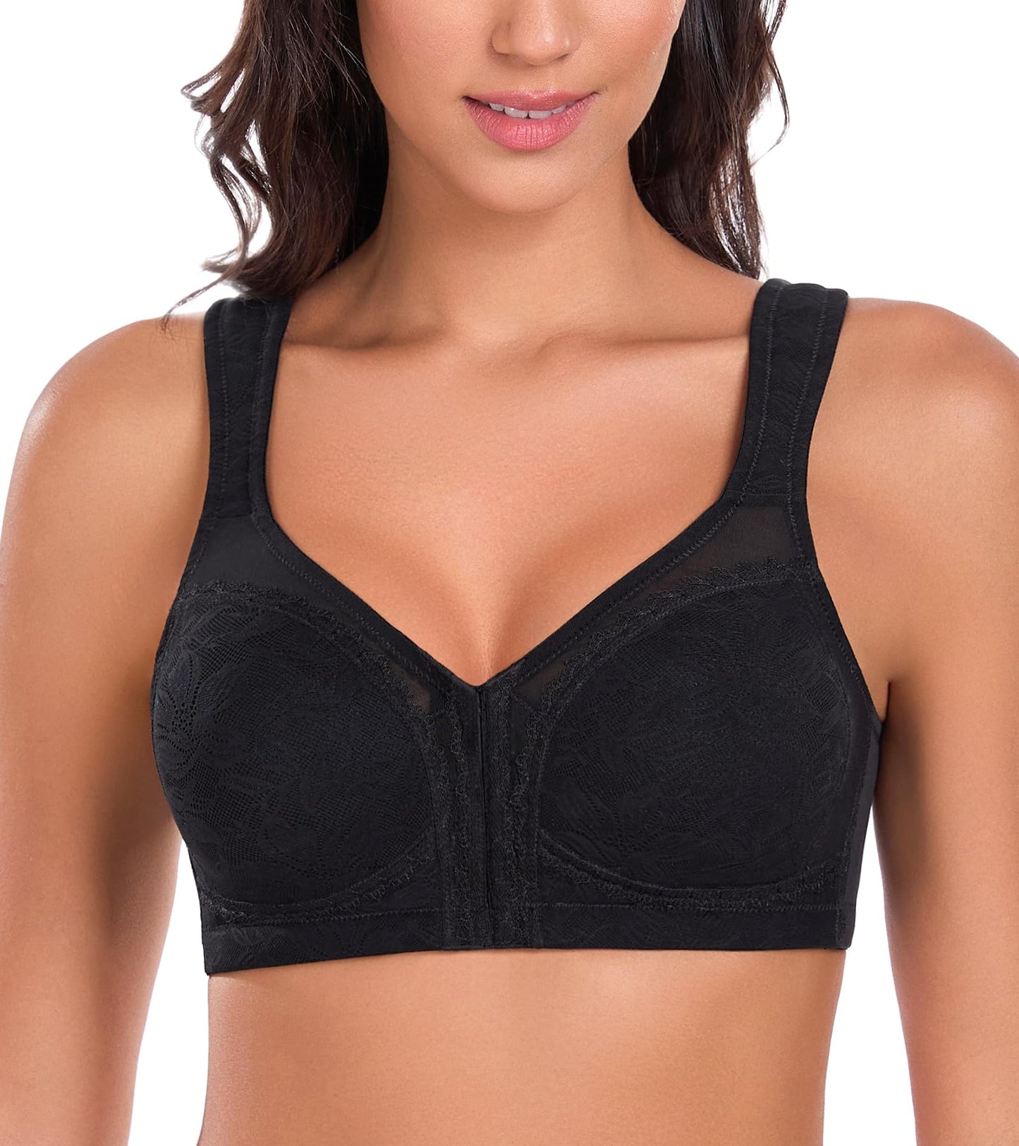 Lemorosy Women's Full Coverage Plus Size Front Closure Posture Back Non-Padded Wireless Support Minimizer Bra (38G, Black)