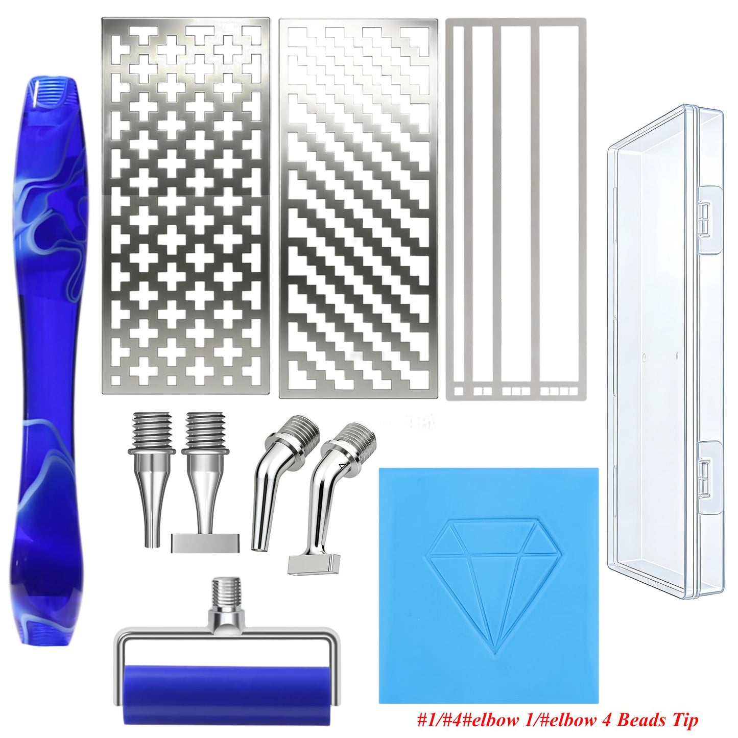Diamond Art Pen, with 1,4,Elbow 1, 4 Angled Multiplacer Nibs, Stainless Steel Square Diamond Painting Ruler, Drilling Pen Kit with Screw Roller Tool with Putty for Diamond Art Kits for Adults (Blue)