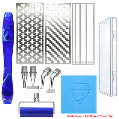 Diamond Art Pen, with 1,4,Elbow 1, 4 Angled Multiplacer Nibs, Stainless Steel Square Diamond Painting Ruler, Drilling Pen Kit with Screw Roller Tool with Putty for Diamond Art Kits for Adults (Blue)