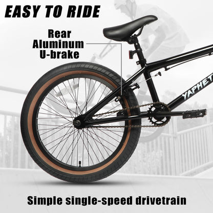cubsala Freestyle BMX Bike, 20 Inch Yaphet Bicycle for Teen Beginner and Adult Riders, Bike with Hi-Ten Steel Frame, Black with Brown Tire
