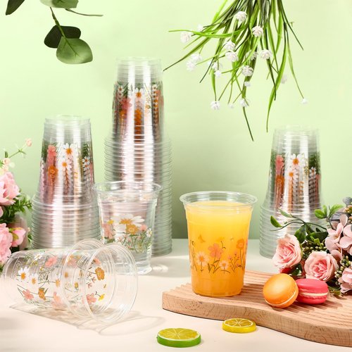 Hushee 60 Pcs Boho Floral Cups with Spring Summer Flower 16 oz Wildflowers Plastic Disposable Drinking Cups for Summer Spring Autumn Birthday Baby Shower Party Supplies