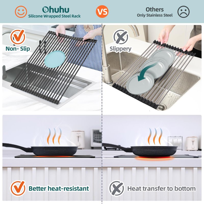 Ohuhu Sink Drying Rack, 20.5" W x 16.1" L Over Sink Roll-Up Dish Drainer - Rolling Foldable Accessories Heat-Resistant Mat Anti-Slip Silicone Coated Multipurpose for Kitchen Counter