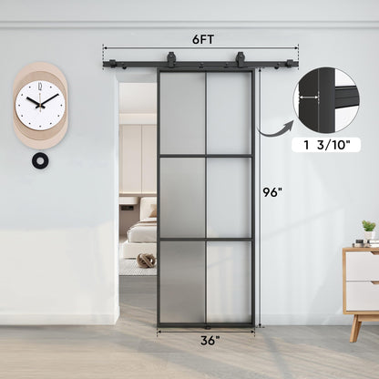BARNSMITH 36in x 96in Glass Barn Door with 6FT Hardware Included, Aluminum Alloy Frame Frosted Tempered Glass, 6-Lite Lightweight Sliding Barn Door, Easy Assembly