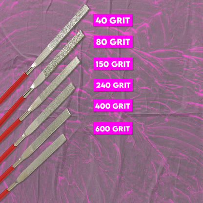SE 74330DF 6-Piece Flat Diamond Grit File Set - Multi-Grit for Metals, Glass, Stones - 7" Length, 2" Diamond Surface, Round Handles - Includes PVC Pouch