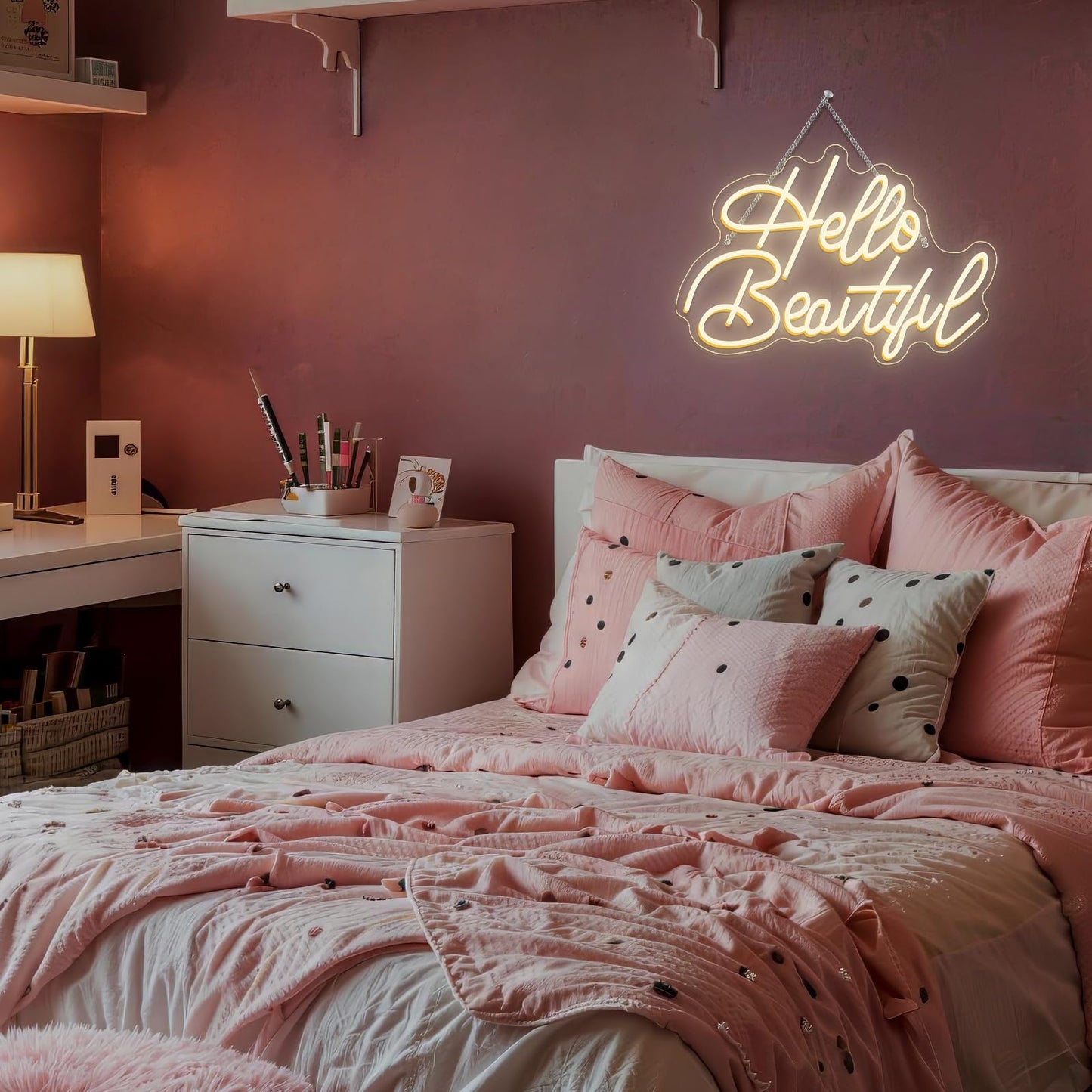 LooKLight Hello Beautiul Neon Sign,Warm White Neon Light Sign,Letters Wedding Neon Signs for Wall Decor,USB Powered Led Light Up Signs For Wedding Party Bedroom Birthday Beauty Salon