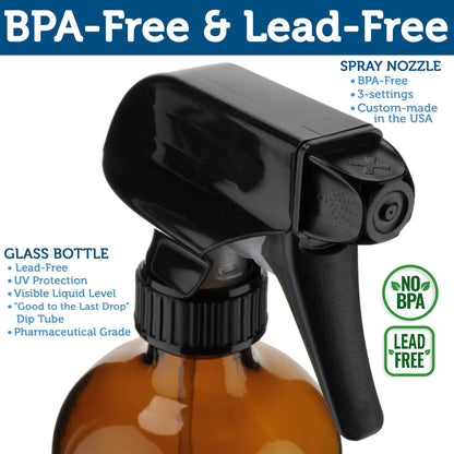 Sally's Organics Empty Amber Glass Spray Bottles - 2 Pack - Large 16oz Refillable Bottle for is Great for Essential Oils, Plants, Cleaning Solutions, Hair - Durable Nozzle - Fine Mist/Stream Setting