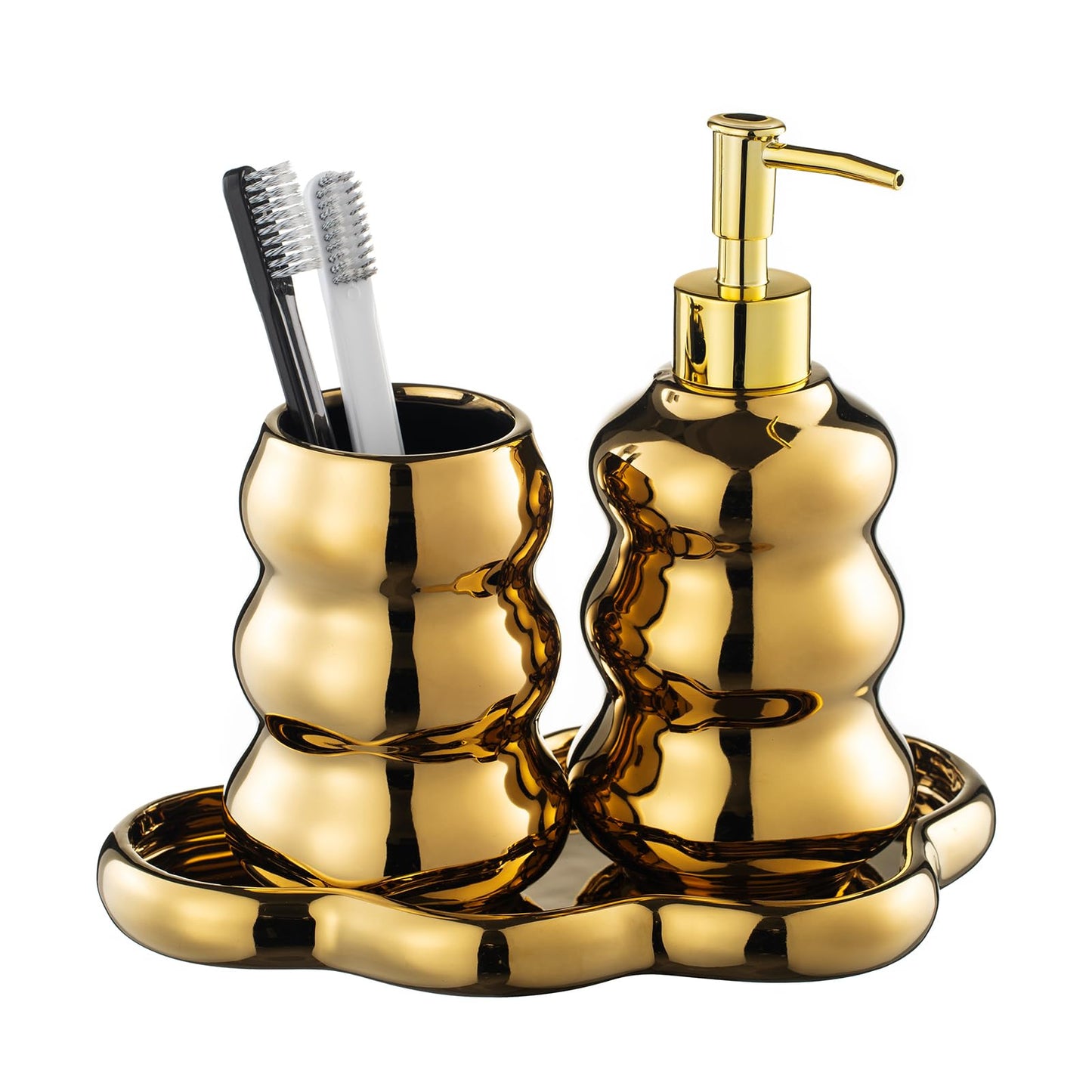 Gold Bathroom Accessory Set, 3-Piece Gold Ceramic Bath Accessories Set with Tray, Lotion Dispenser, and Tumbler for Luxurious Bathroom Decor