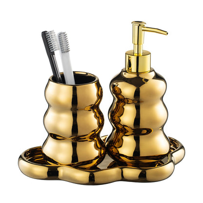 Gold Bathroom Accessory Set, 3-Piece Gold Ceramic Bath Accessories Set with Tray, Lotion Dispenser, and Tumbler for Luxurious Bathroom Decor