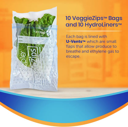 Bluapple VeggieZips Premium Produce Storage System - 20 Piece Set, 10 Food Saver Bags + 10 HydroLiners
