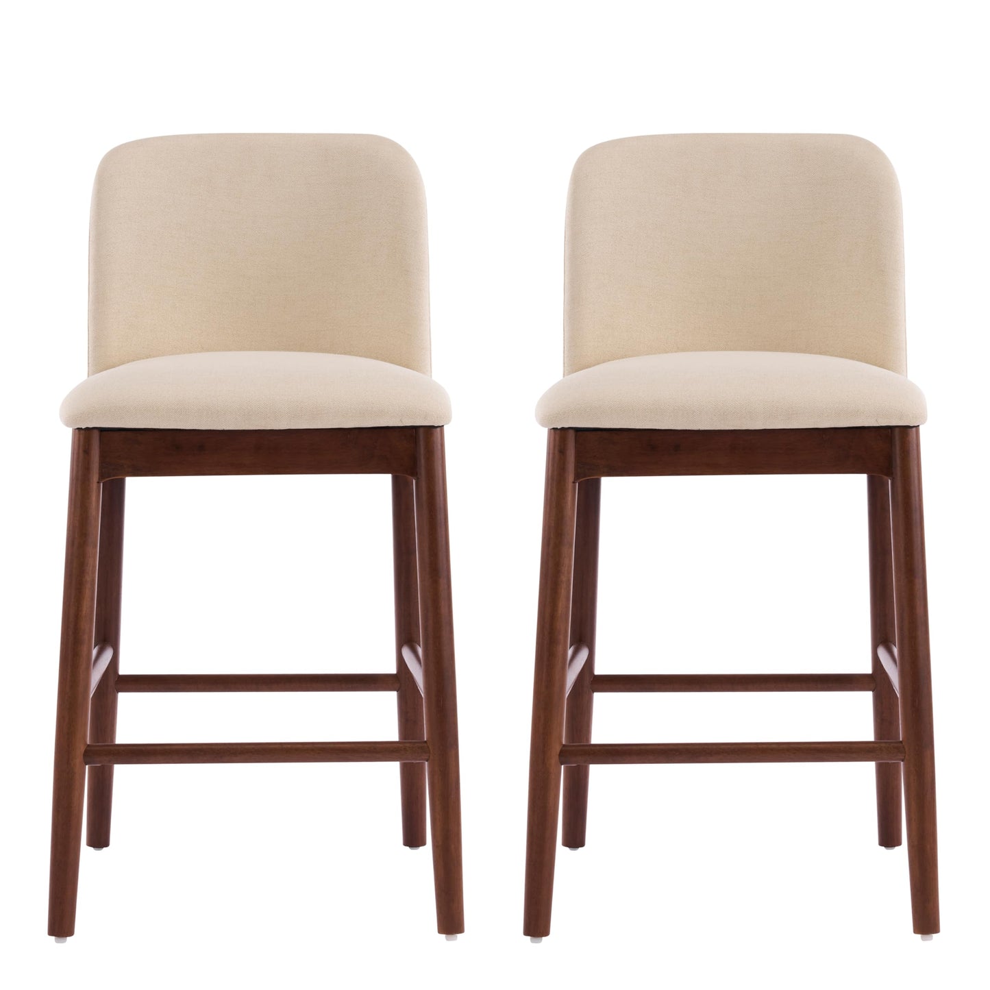 Christopher Knight Home Yumi Counter Height Bar Stools Set of 2, Fabric Upholstered Bar Stool for Kitchen Island, Armless Rubberwood Counter Stools with Solid Backrest + Footrest, Beige + Dark Walnut