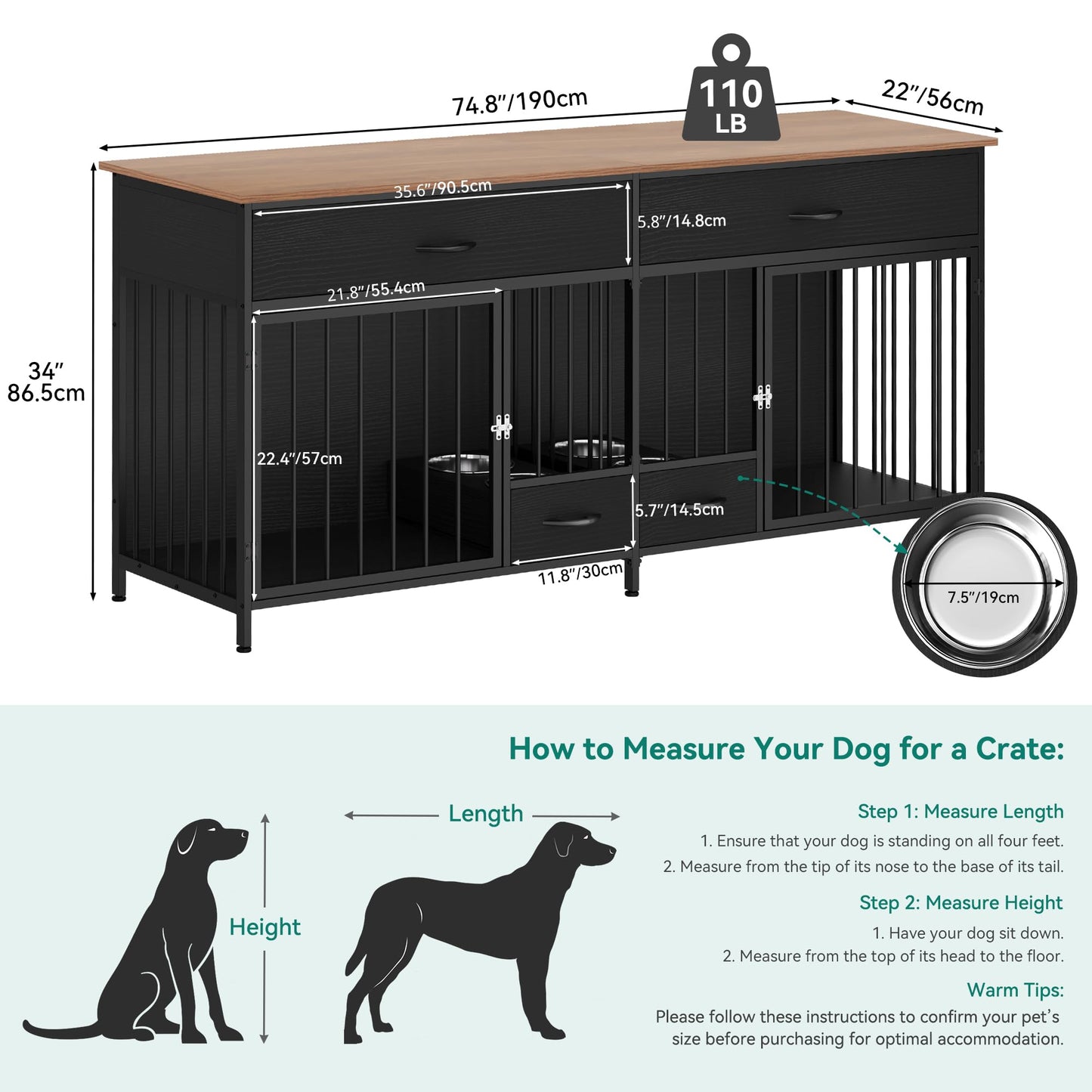 YITAHOME 74.8" Double Dog Crate Furniture with Dog Feeder, Heavy Duty Indoor Dog Kennel TV Stand with Drawers, Sturdy Dog Kennel with Divider for 2 Medium Large Dogs, Black
