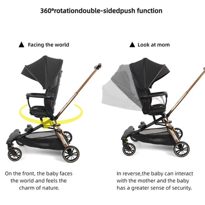 Lightweight Folding Stroller Wagon for Baby & Toddler Travel, 360° Reversible Seat, Adjustable Canopy with Storage Basket, Airplane-Friendly Compact Umbrella Stroller,Glory Black