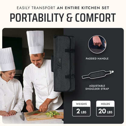 Asaya Waxed Nylon Chef Knife Roll Bag with 20 Slots and Zippered Pockets - Professional Chef Knife Bag & Storage Case, Tool Carrier with Shoulder Strap - Knives Not Included (Black)