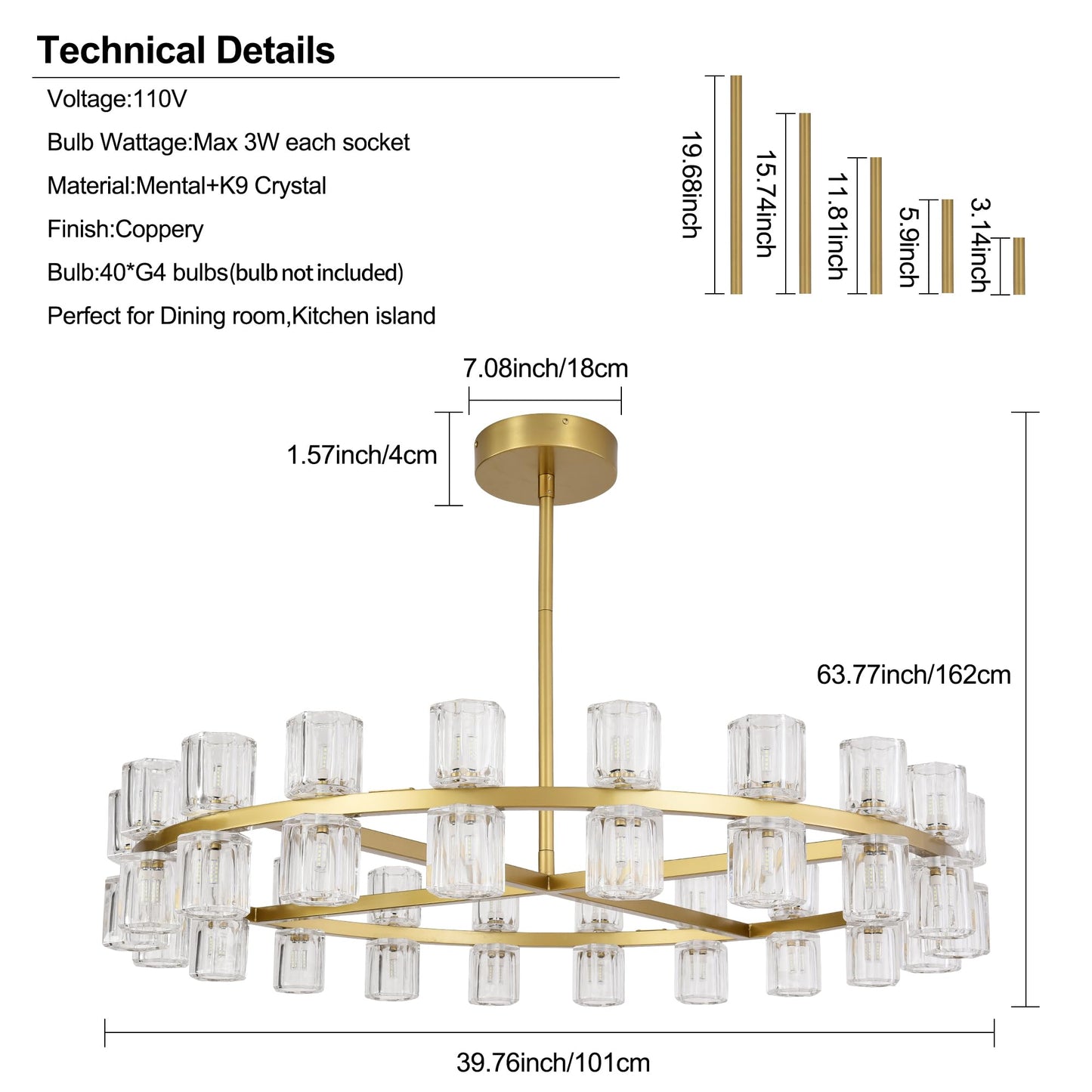 Leadtek 40 Inch Modern Farmhouse Chandelier with K9 Crystal Chandelier Shade, Gold Wagon Wheel Chandelier, for Dining Room Light Fixture, Kitchen Island, Entryway, Foyer, Bedroom Lighting