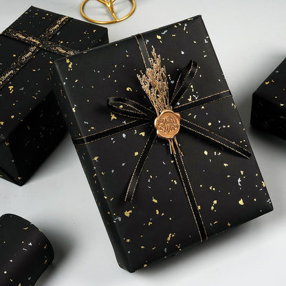 Black Wrapping Paper Roll - 17Inch×33Feet, Black and Gold Foil Wrapping Paper, Matte Kraft Gift Wrap Paper with Silver and Gold Foil Flake for Birthday Wedding Baby Shower Christmas Holiday All Occasions
