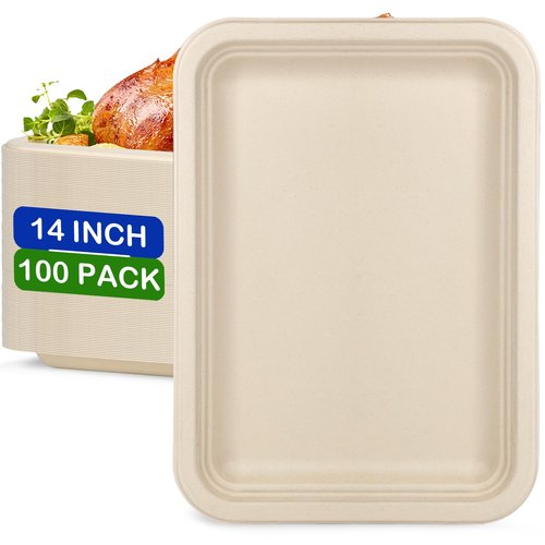 EcoAvance Large Paper Plates 14 Inch, 100 Pack Disposable Trays, Heavy Duty Dinner Size, Eco-Friendly Compostable Biodegradable, Strong Sturdy Brown