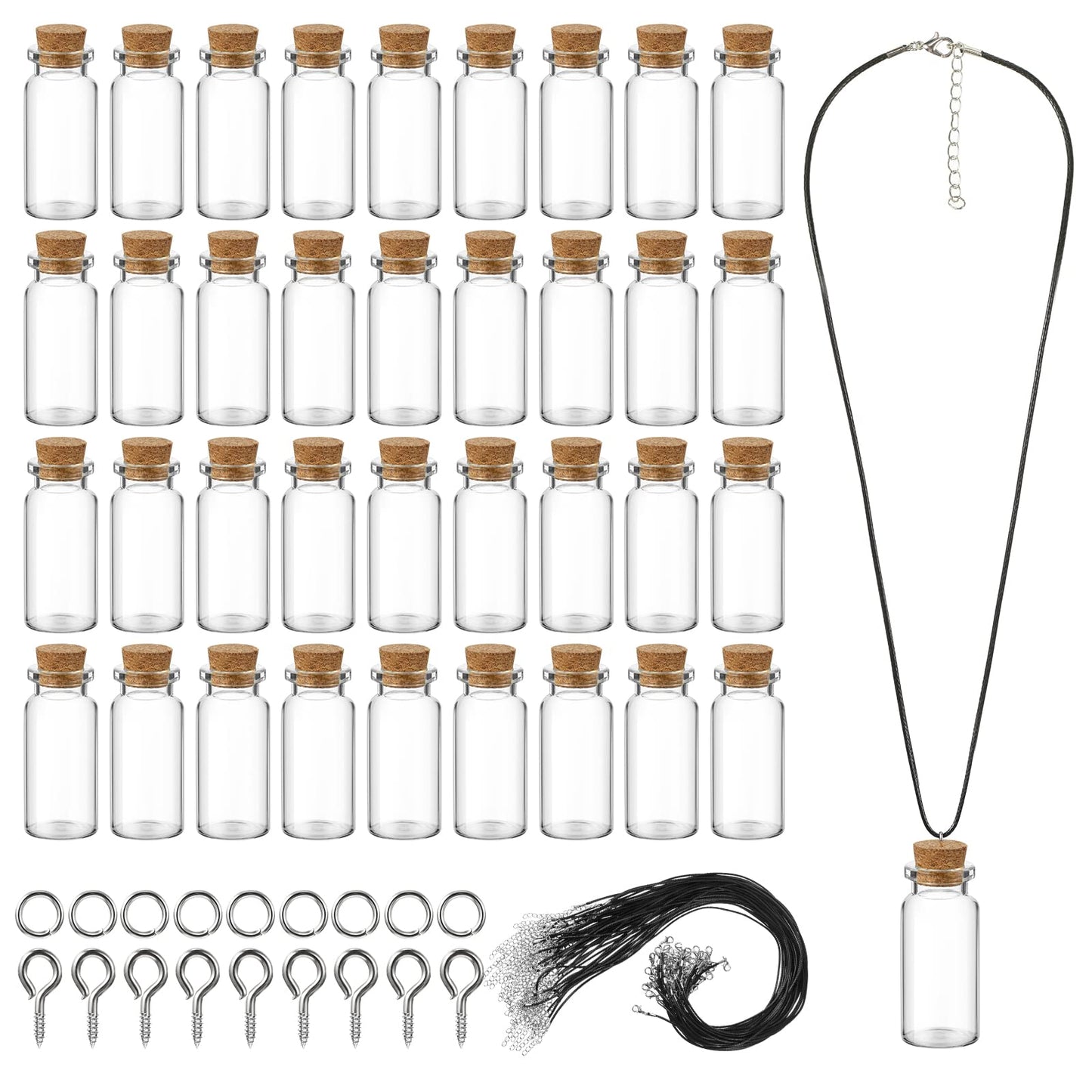Sawysine 50 Set 10 ml Mini Glass Bottles with Cork Tiny Wishing Bottles Black Waxed Cord Eye Screws Clasp Rings for DIY Crafts Container Necklace Jars(Black)