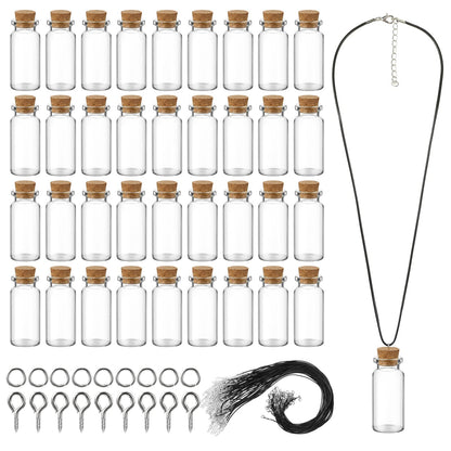 Sawysine 50 Set 10 ml Mini Glass Bottles with Cork Tiny Wishing Bottles Black Waxed Cord Eye Screws Clasp Rings for DIY Crafts Container Necklace Jars(Black)