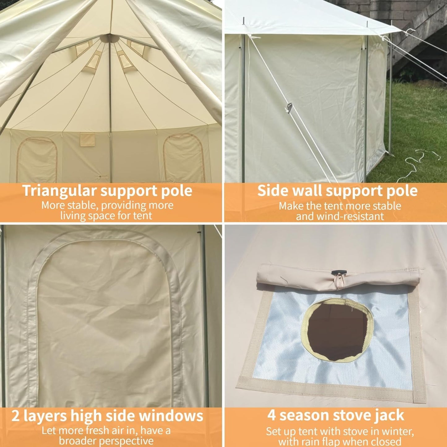 DANCHEL OUTDOOR B6 4 Season Glamping Wall Tent w/Large Wood Stove Camping, No Center Pole, Higher Side Wall, 900D Flame Retardant Oxford for 4 Person Yurt Cabin Tent,13ft/4m