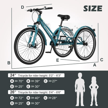 ABORON Adult Mountain Tricycle, 7-Speed 3-Wheel Mountain Bikes 24/26/27.5inch Available, Front Suspension, Disc Brake (Step-Through Peacock Green, 24" Wheels)