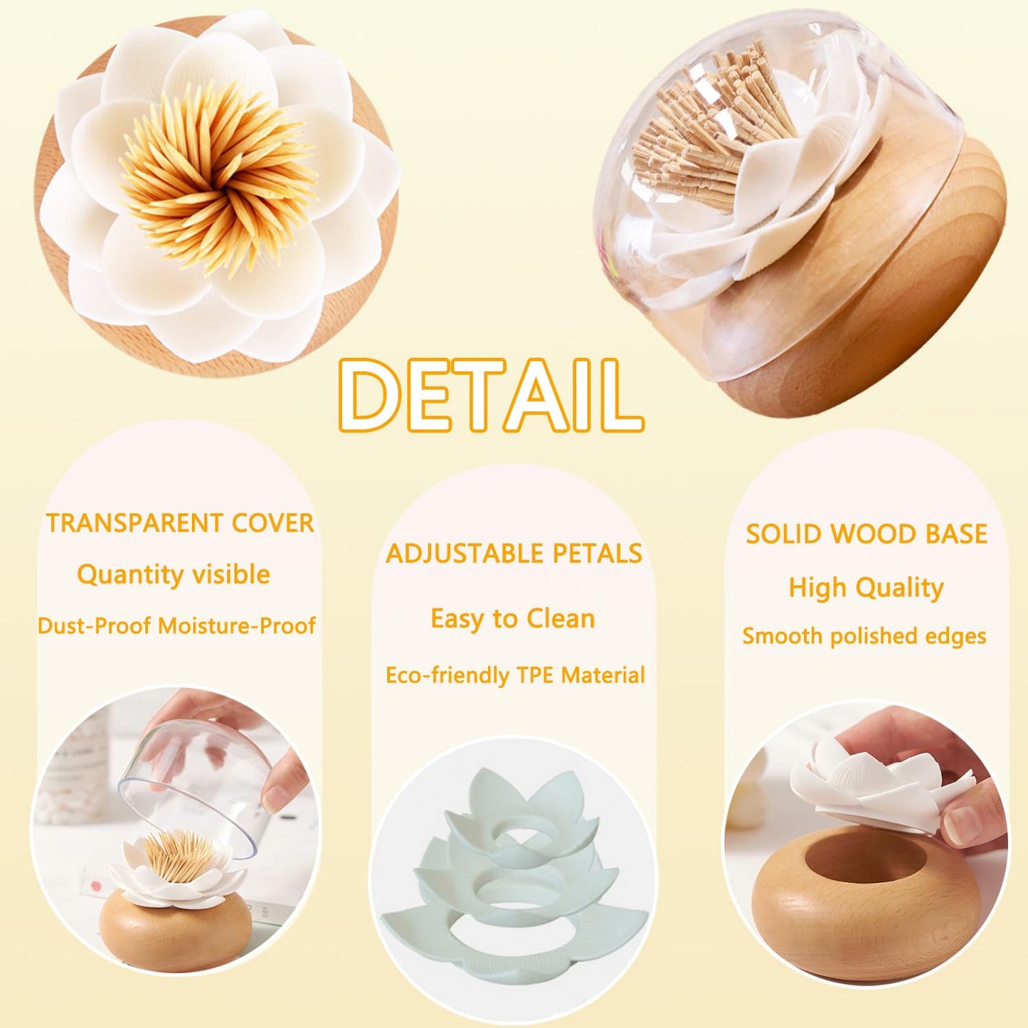 GZJINYUA Toothpick Holder Dispenser Lotus Q tip Holder Wood Toothpick Holder, Tooth Picks Beech Toothpick Holders White Flower Decorative for Kitchen Table Decorations Cute Gifts -with 80 Toothpick