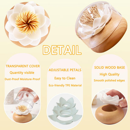 GZJINYUA Toothpick Holder Dispenser Lotus Q tip Holder Wood Toothpick Holder, Tooth Picks Beech Toothpick Holders White Flower Decorative for Kitchen Table Decorations Cute Gifts -with 80 Toothpick