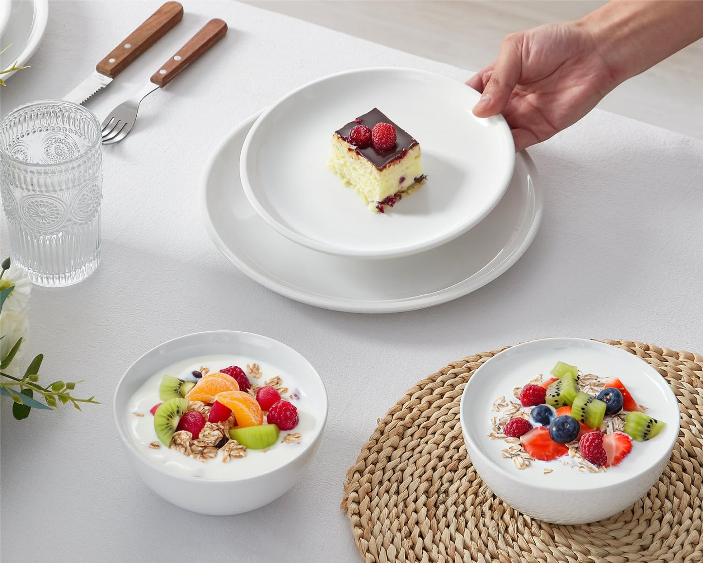 ONEMORE Plates and Bowls Set 12 Pcs,Stoneware Dinnerware Sets for 4 Microwavable,Oven & Dishwasher Safe Porcelain,Scratch Resistant Dishes Set,White
