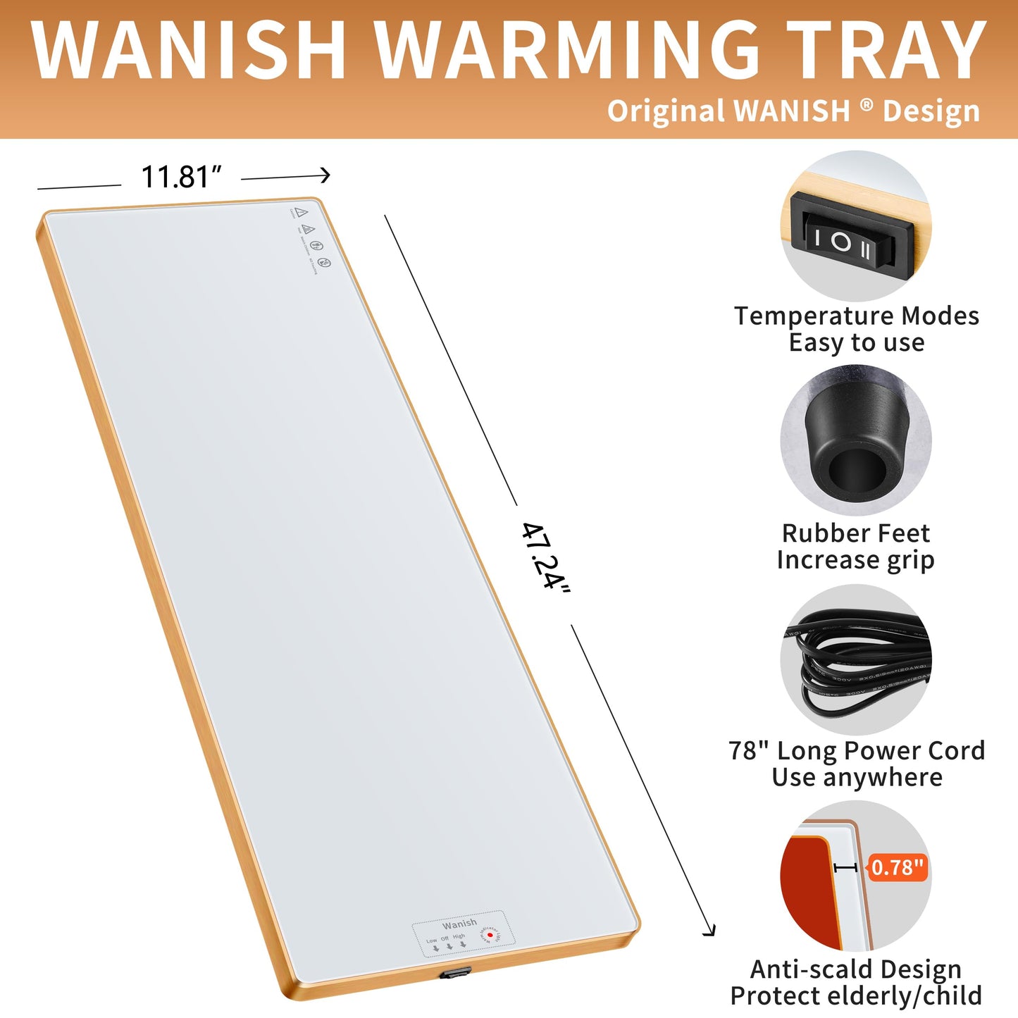 Electric Warming Tray (Extra Long 47.24”x11.81”)，Food Warmers for Parties Buffet & Gathering, Tempered Glass Warming Mat for Food with Adjustable Temperature Modes, White Chafing Dishes