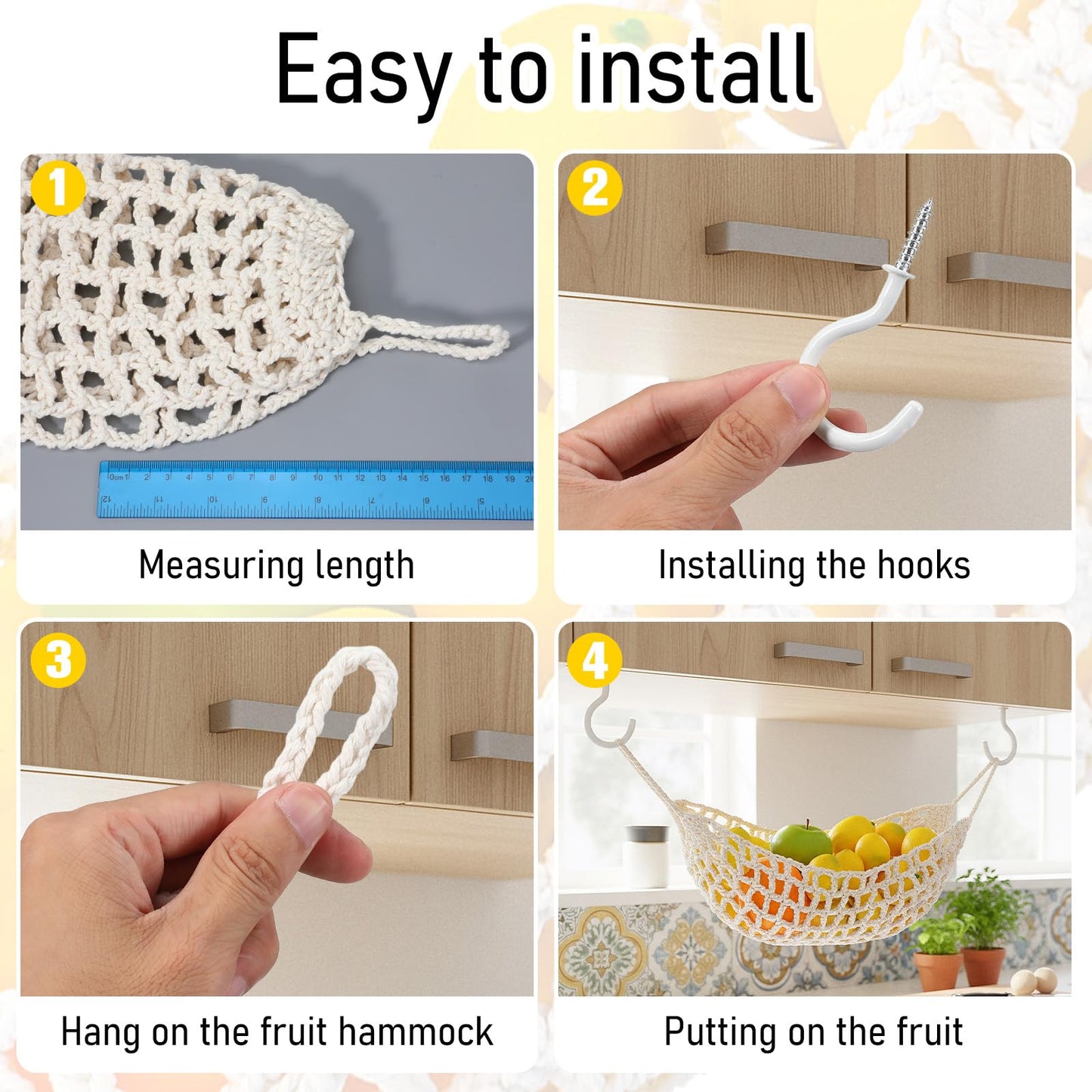 DOPENSPI Fruit Hammock, 22.4×8.7in Fruit Hammock Under Cabinet with 4PCS Hooks Hanging Fruits Basket Fruits Net Woven Boho Banana Holder Veggie Basket Saves Counter for Kitchen Home Boat Rv
