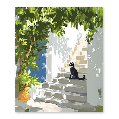 bitCNY 5D Diamond Painting Black Cat on Stairs, Full Drill DIY Diamond Art Kits for Adults, Modern Minimalist Animal Wall Decor 9.8x11.8 Inch