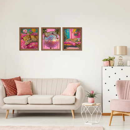 JWVK Trendy Maximalist Pink Cheetah Diamond Art Kits 3 Pack, Funky Retro Leopard Disco Ball Preppy DIY Diamond Gem Painting Art Kits for Girls Kids Adults Beginners, Cheetah Room Decor 10x11.8 Inch