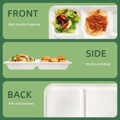 WELLIFE 100% Compostable 5 Compartment Paper Plates, 100 Pack Disposable School Lunch Trays Divided Plates for Adult Youth, 12.5 * 8.6 inch Heavy Duty Eco-Friendly Bagasse Plate for Buffet and Party