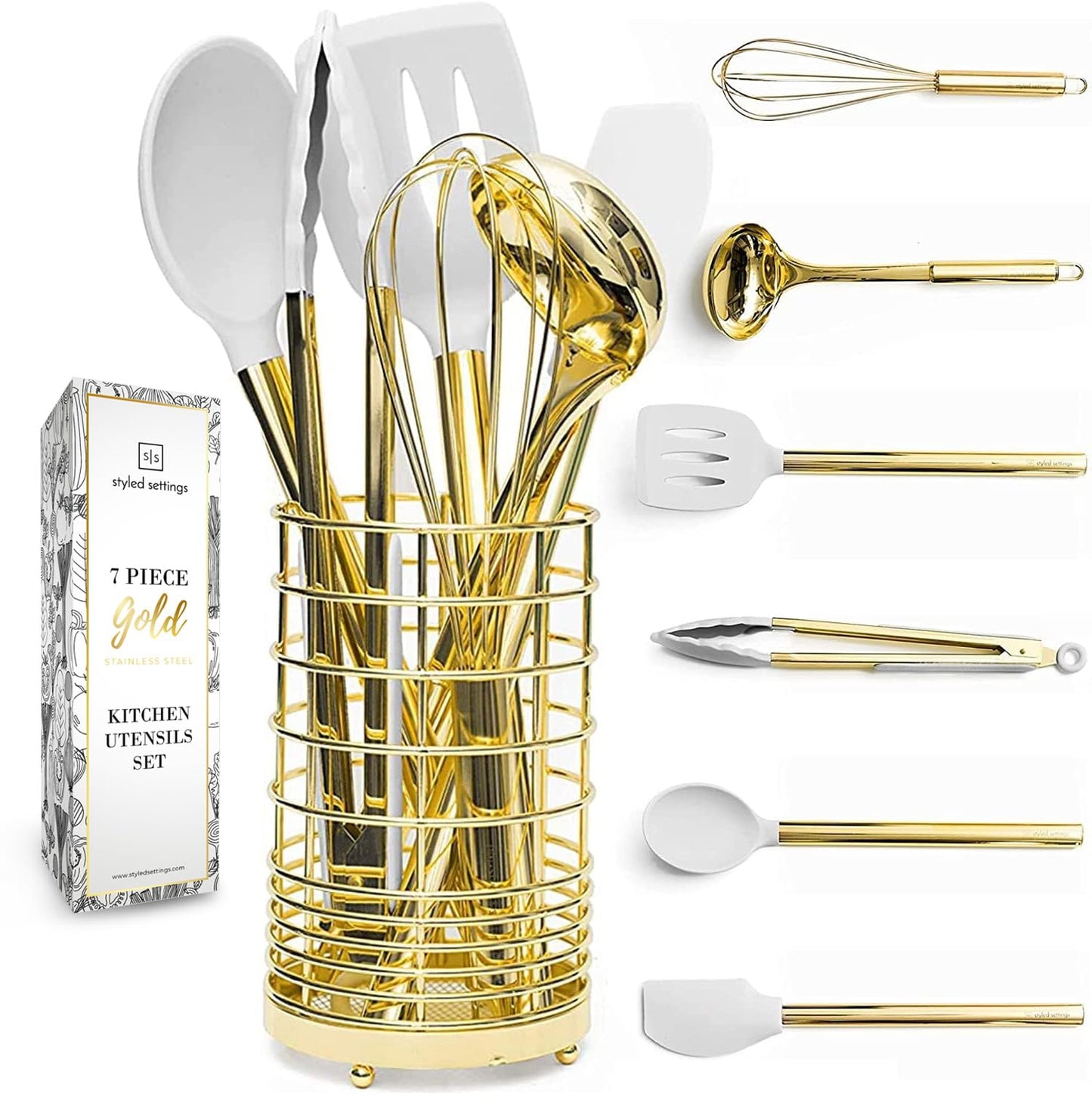White Silicone and Gold Cooking Utensils Set with Gold Utensil Holder - 7-Piece Silicone Cooking Tools - Ideal for Nonstick Cookware and Stylish Modern Kitchens - Luxury Kitchen Accessories.