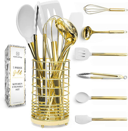 White Silicone and Gold Cooking Utensils Set with Gold Utensil Holder - 7-Piece Silicone Cooking Tools - Ideal for Nonstick Cookware and Stylish Modern Kitchens - Luxury Kitchen Accessories.